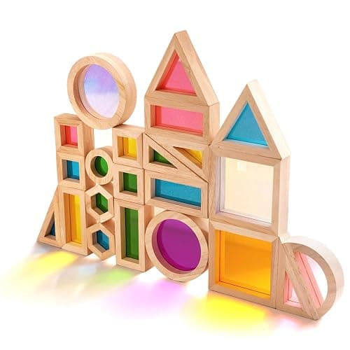 Agirlgle Wooden Rainbow Building Blocks for Kids 32 Pcs Rainbow Stacker Stacking Blocks Game Colorful Construction Toys Preschool Learning Educational Toys -Geometry Wooden Blocks for Boys & Girls - Image 1