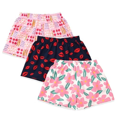 Cinvik Boxer Shorts for Women Gingham Sleep Y2k Printed Boxers Pj Boxer Short Trendy Checkered Baggy Pj Boxers - 3pcs-kisses/Fruits/Flowers - Small - Image 1