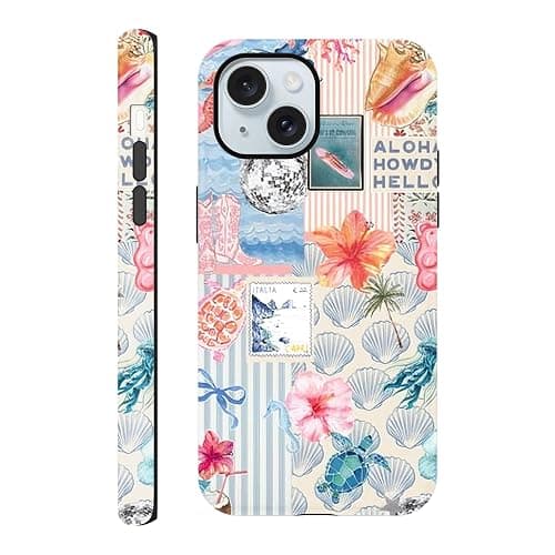 Vulfwela Summer Phone Case for iPhone 15, Cute Aesthetic Coastal Beach Ocean Collage Case, Coquette Hibiscus Flower Seashell Design, Slim Shockproof Protective Preppy Cover Funda for Women Girl - Image 1