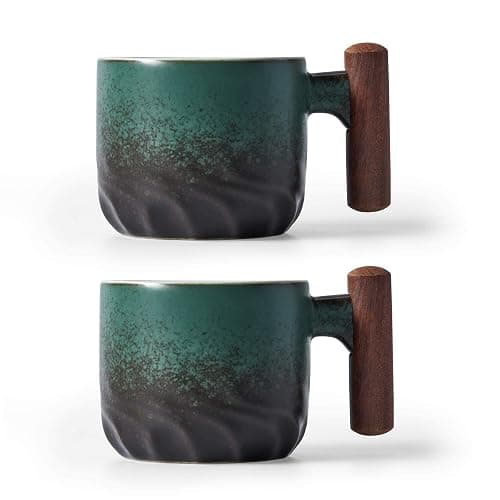 BlogBlog Ceramic Espresso Cups with Wooden Handle Espresso Shot Cups Ceramic Tea Cups Porcelain Demitasse Cups for Coffee or Tea, 3oz (green, 2) - Image 1