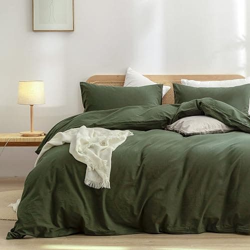 BESTOUCH Duvet Cover Set 100% Washed Cotton Linen Feel Super Soft Comfortable Chic Lightweight 3 PCs Home Bedding Set Olive Green Queen - Image 1