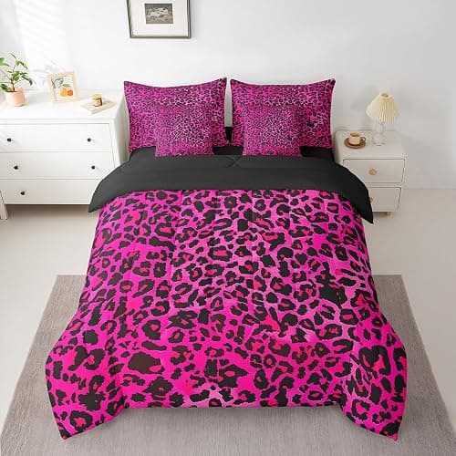 jejeloiu Kids Hot Pink Leopard 7 Piece Bedding Set Full Size Animal Print Comforter Set with Sheets for Boys Girls Teens Cheetah Bed in a Bag Breathable Soft Microfiber Women Men Safari Bedroom Decor - Image 1