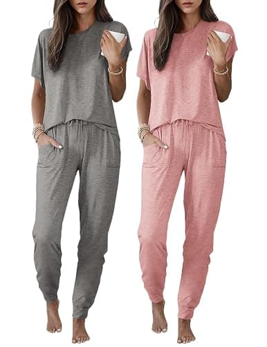 Ekouaer 2 pack Pajama Sets for Womens Jogger Pants Pjs Short Sleeves Lounge Set Soft Sleepwear with Pockets - Image 1