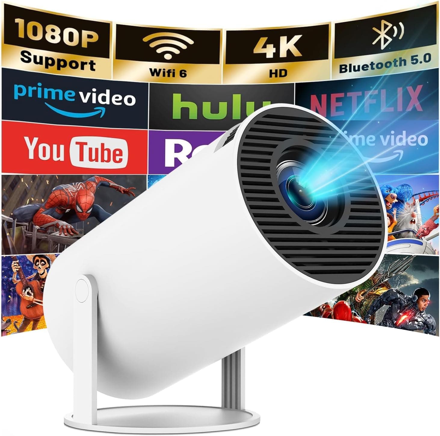 Mini Projector, HY300 PRO Portable Projector, Support 4K 1080P with Dual-Band WIFI6 5G Wireless 5.0 Bluetooth Android 11, 180° Rotatable, Auto Keystone Correction, 35"-130" Screen Video Projector - Image 1