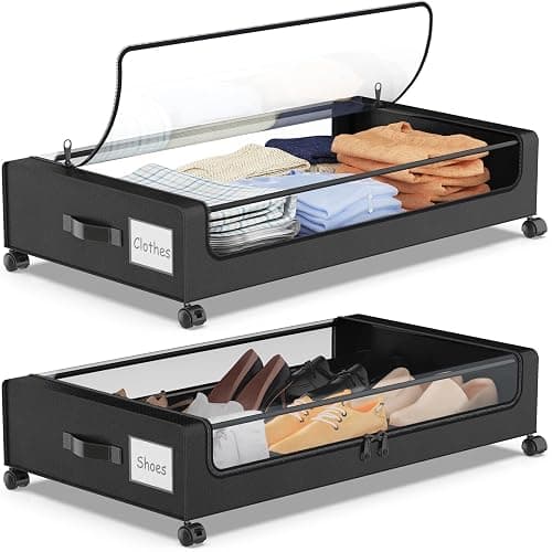YAASHEEN Under Bed Storage with Wheels, XXL 60L Under Bed Storage Containers, under the bed storage Organizer with Clear Lids - Rolling Drawers & Bins for Clothes,Shoes,Toys, 2-Pack (Black) - Black - Image 1