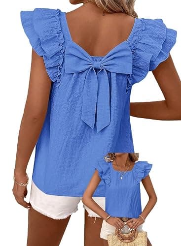 Falechay Womens Bow Tie Back Tops Round Neck Ruffle Short Sleeve Shirts Cute Babydoll Chiffon Tee Women Summer Trendy Tunic - Image 1