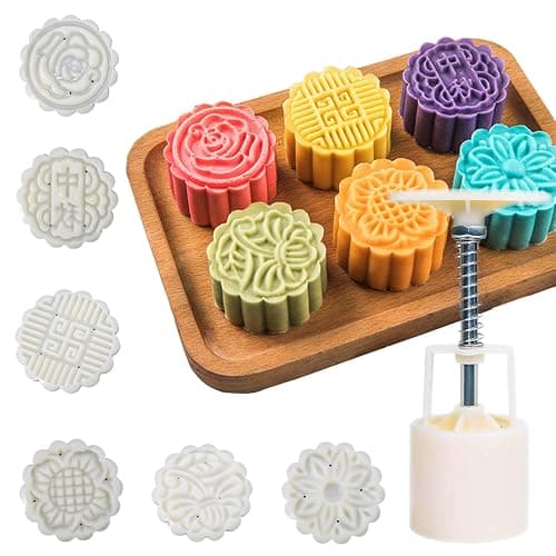 Moon Cake Mold 6 PCS, Mid Autumn Festival DIY Hand Press Cookie Stamps Pastry Tool Moon Cake Maker, Flower Mode Patterns 1 Mold 6 Stamps 50g (White). - Image 1