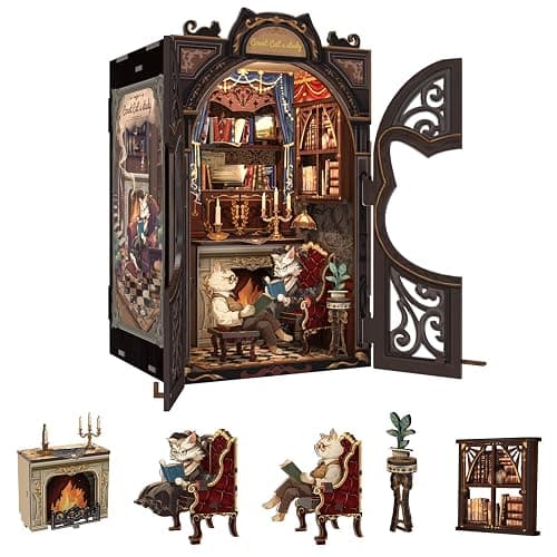 Fsolis Book Nook Kit DIY Scene Miniature Dollhouse Kit, 3D Puzzles for Adults, 108 Wooden Pieces, Bookshelf Decor Tiny House Mini Booknook Craft, Gift for Women Scale Model Lovers (Count Cat's Study) - Image 1