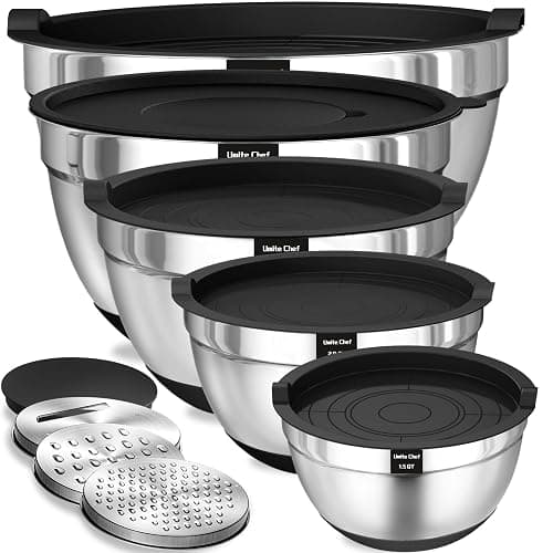 Umite Chef Mixing Bowls with Airtight Lids, 8PCS Stainless Steel Nesting Mixing Bowls Set, 3 Grater Attachments & Non-Slip Bottoms, Black Kitchen Bowls, Size 5, 4, 3.5, 2, 1.5QT for Baking & Serving - Image 1