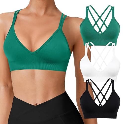 VEQING Seamless V-Neck Women Sports Bras, Padded Cross Back Wireless Low Impact Workout Yoga Bras for Small Chests, 3 Pack - Image 1