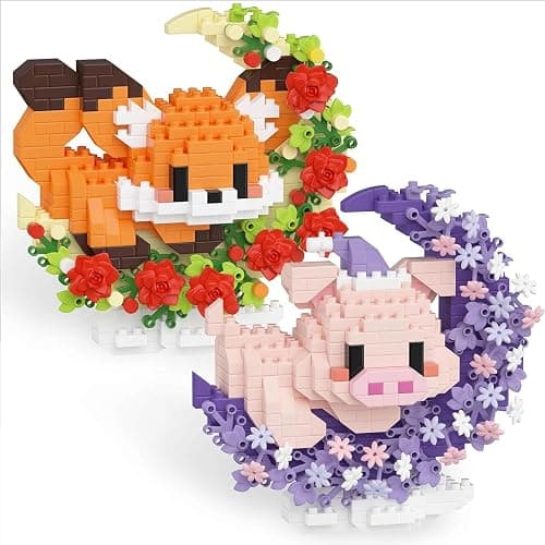 TENYEAH 2 Packs Animals Micro Building Block - Fox & Pig, Cute Building Block Set Animals for Goodie Bags Stuffer, Fox & Pig & Rose on The Moon, Classroom Favor - Image 1
