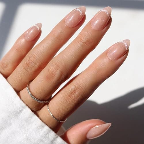 Glamnetic x GLAMZILLA Press On Nails - NOT YOUR CINDER-ELLA | Short Almond Nude Fake Nails with Velvet French Tip Effect, Reusable Wedding Nails | 15 Sizes - 30 Nail Kit with Glue - Image 1