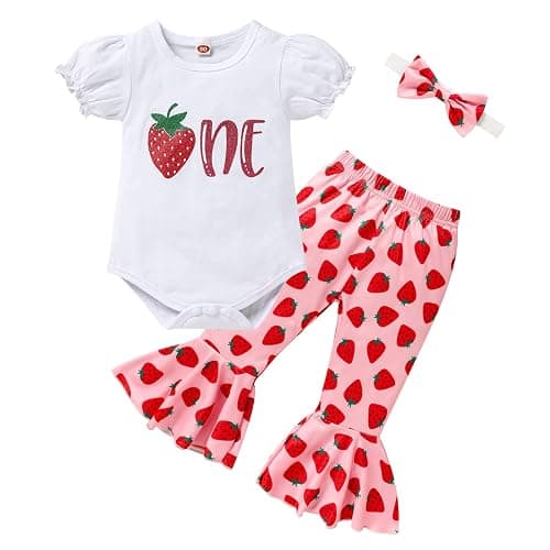 GRNSHTS Baby Girl Birthday Clothes First One Letter Short Sleeve Romper+Flared Pants+Headband 3Pcs Cake Smash Outfits - Image 1
