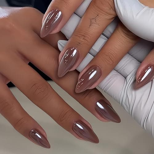 Brown Press On Nails Almond - KQueenest Chrome Press On Nails Medium, Sparkle Gel Fake Nails Press on with Mirror Effect, Glitter Glue on Nails Medium, Reusable Stick On Nails for Women Fall Winter - Image 1