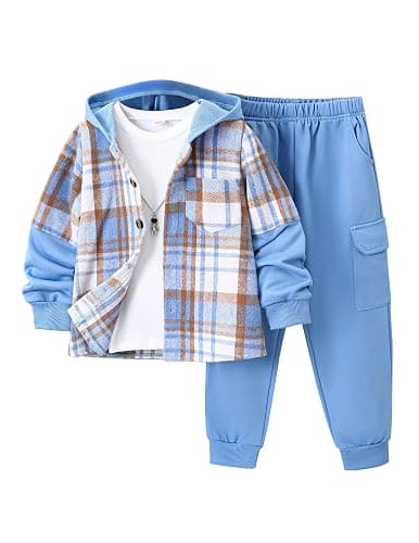 Fdqin 2Pcs Kids Boys Flannel Plaid Shirt Tops Pants Set Hoodie Sweatsuit for Fall Winter Spring Outfits 4-12 Years - Image 1