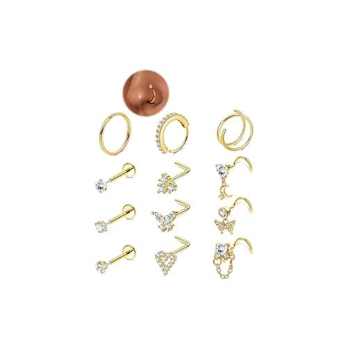REVOLIA 12Pcs 20G Nose Ring Set 316L Stainless Steel Nose Rings Hoop for Women CZ L Shaped Studs Dangle Heart Butterfly Screw Nose Studs Cute Threadless Flat Back Nose Piercings Jewelry - Image 1