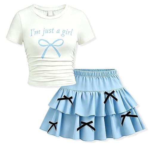 FJLSJSW Teenage Girls Skirt Set 2 Piece Short Sleeve Top Shirred Tiered Skirt Outfit Skirt for Teen Girls 7-13 Years - Image 1