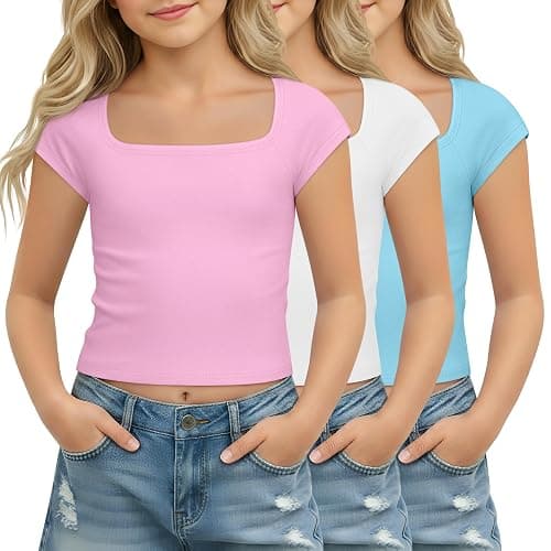 LessonZoo 3 Pack Girls' Short Sleeve Crop Tops | Cap Short Sleeve, Square Neck, Slim Fit, Cropped Tees, Basic Layerings, Cute, Casual, Back to School, Trendy, Vacation - Image 1