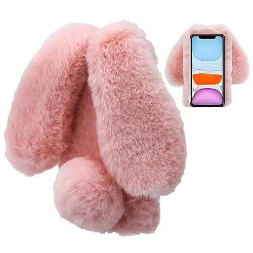 Rabbit Case for Samsung Galaxy A13 5G, LCHDA Cute 3D Bunny Ears Soft Furry Hairball Fuzzy Winter Warm Faux Fur Plush Fluffy Flexible TPU Bumper Women Girls Protective Skin Cover - Pink - Image 1