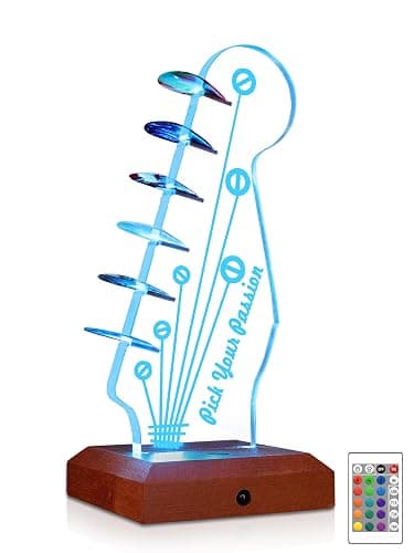 CoolGift Mart Light Up Guitar Pick Holder, Acrylic Wooden Electric Guitar Headstock Shaped Pick Holder with 16 Color Lights for Picks Storage and Display, Gift for Guitarists - Image 1