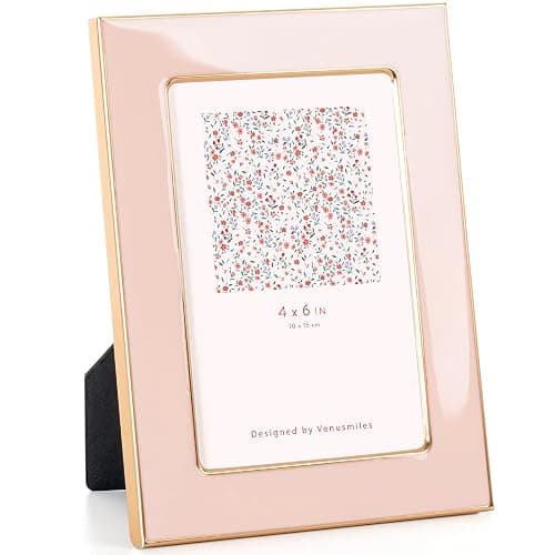 Venusmiles 4x6 Enamel Picture Frame, Gold Metal Edge with Easel, Real Glass Photo Frame for Wall and Tabletop Display Family Office Photo Gallery, Pink Enamel/1pc - Image 1