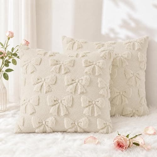 decorUhome Beige Bow Cute Girl Faux Fur Throw Pillow Covers 20x20 Set of 2 | Pillow Covers Coquette Aesthetic Plush Wool Modern Farmhouse Decorative Pillowcase for Preppy Bedroom Couch Sofa Decor - Image 1