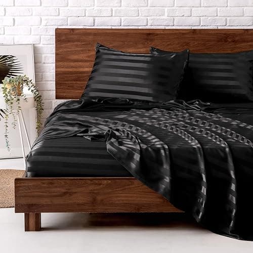 MR&HM Satin Bed Sheets, King Size Sheets Set, 4 Pcs Silky Bedding Set with 15 Inches Deep Pocket for Mattress (King, Black Striped) - Image 1