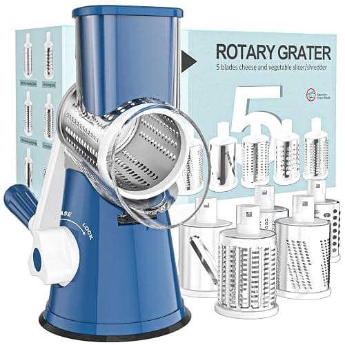 Cambom Rotary Cheese Grater Hand Crank Cheese Shredder for Fresh Cheese, Vegetable, Nuts, Non-slip Suction Base,Five Blades, Deep Blue - Image 1