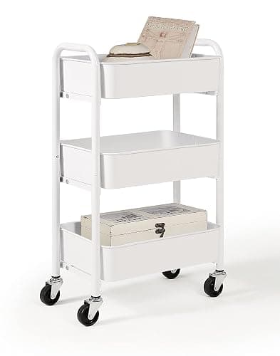 SunnyPoint 3-Tier Delicate Compact Rolling Metal Storage Organizer - Mobile Utility Cart Kitchen/Under Desk Cart with Caster Wheels - WHT (15.35" X 10.24" X 26.8"H) - Wht - 15.35" X 10.24" X 26.8"H - Image 1