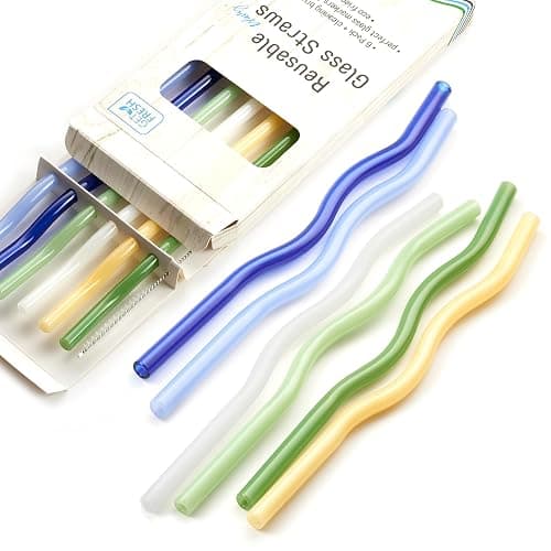 GET FRESH Reusable Wavy Glass Drinking Straws Set - 6pcs Colored Straws from Borosilicate Shatter Resistant Glass - Coloured Dishwasher Safe Wavy Cocktail Straws - Image 1