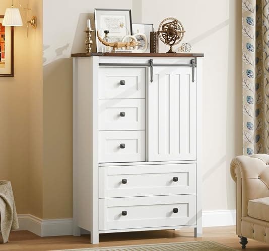 GarveeHome Farmhouse 5 Drawer Dresser for Bedroom, 48 in Tall Wood Dresser Chest of Drawer with Sliding Barn Door, Adjustable Shelf, Storage Organizer for Bedroom, Hallway, Living Room, Kitchen, White - Image 1