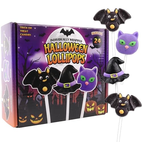 Individually Wrapped Halloween Suckers, Cat, Bat, and Witch Hat Lollipops, Trick or Treat Pass Out Candies, 24 Count - Image 1