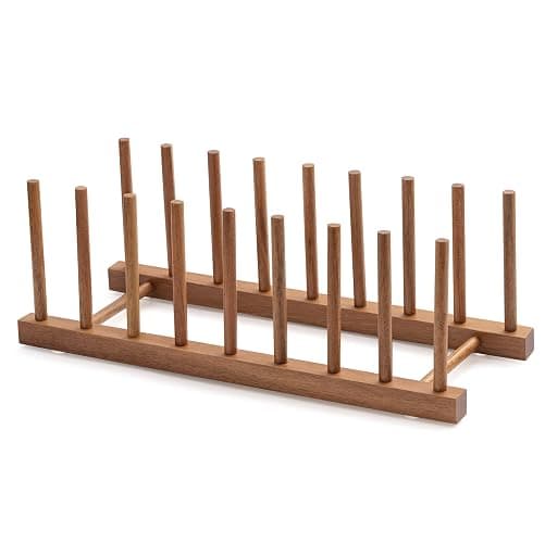 HBlife Acacia Wooden Dish Dying Rack Pot Lid Plate Organizer Holder for Cabinet, Cutting Board Stand Drainer Storage Plate Rack for Dish, Pot Lid, Bowl, Cup, Cutting Board and Books - Image 1