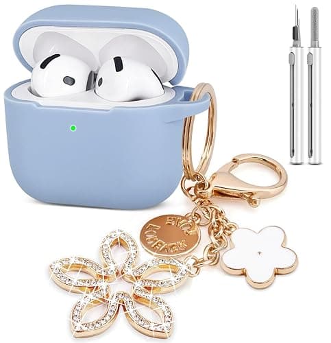 Compatible with AirPods 4 Case 2024, Silicone Protective Skin for Air pod 4 with Bling Keychain, Cover for Apple iPod 4th Generation Wireless Earbuds with Cleaner Kit (Sky Blue) - Image 1