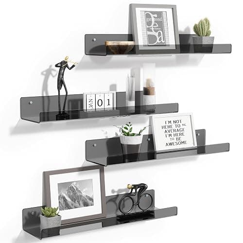 upsimples 4 Pack Acrylic Shelves for Wall Storage, 15" Floating Bookshelves for Kids, Display Shelf Organizer for Bathroom, Bedroom, Living Room Decor, Kitchen, Clear Black - 4 - Clear Black - Image 1