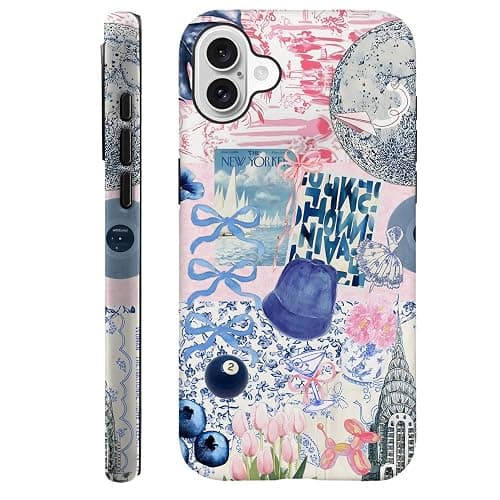 Generic Case Compatible with iPhone 16,Scratch Resistant Hybrid 2-Layer Hard Shell Phone Case,Ball Blue Bow Flower Collage Aesthetic - Image 1