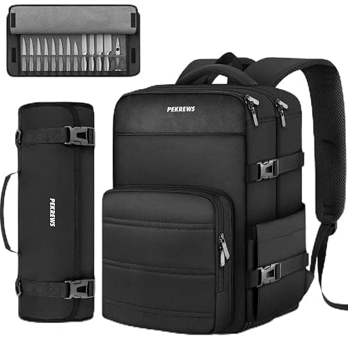 PEKREWS Chef Backpack with Knife Roll Bag, 40+ Slots Pockets for Knives Laptop and Kitchen Utensils Storage, Water-resistant Professional Chef Knife Case Gifts for Men and Women, Black - Image 1