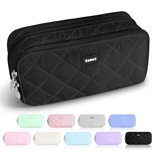 Sooez Large Pencil Case Pouch, Extra Big Pencil Bag with 8 Compartments, Pen Bag Wide Opening, Soft Quilted Pencil Pouch Organizer with Zipper, Portable Pencil Case for Teen Girls, Black - Image 1
