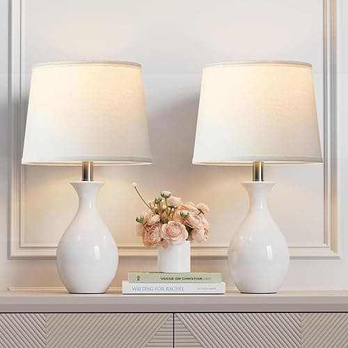 PARTPHONER Table Lamp Set of 2, Modern Ceramic Bedside Lamps for Night Stands, Classic Small Lamp Nightstand Lamp for Bedroom Living Room Desk End Table Rocker Swtich White - Image 1