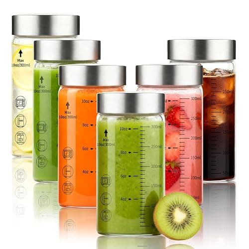 Glass Juice Bottles 10 Oz, Wide Mouth Reusable Clear Glass Water Bottles with Graduations 100% Leak Proof Stainless Steel Lids, BPA Free, Fits in Cup Holder Juice Containers Set of 6 - Image 1