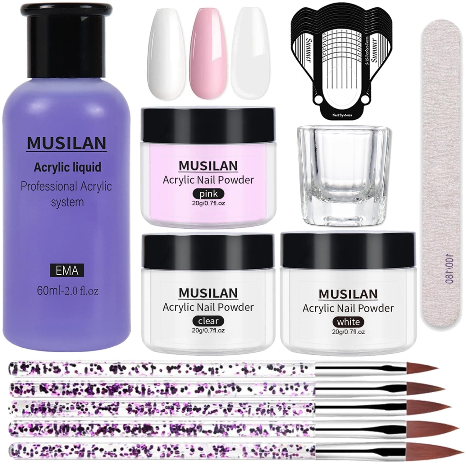 Acrylic Nail Kit Acrylic Powder and Professional Liquid Monomer Set with 5pcs Nail Brush Tips for Nails Extension Beginner kit for Nail Art Starter, Pink White Clear - Image 1