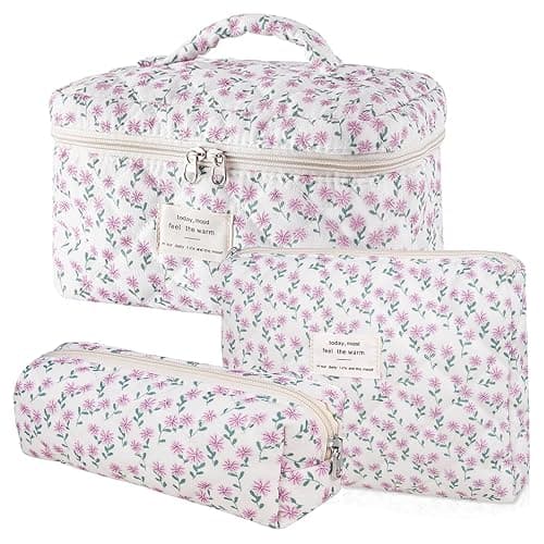 Everfunny 3 Pcs Cotton Quilted Makeup Bag Set, Floral Cotton Cosmetic Bag, Aesthetic Toiletry Travel Organizer Bag for Women (Purple Dandelion) - Purple Dandelion - Image 1