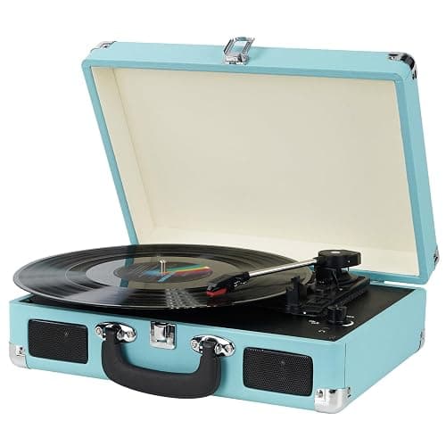 Vinyl Record Player, 3 Speeds Suitcase Portable Record Player with Built-in Speakers, Vintage Belt Driven Turntable with RCA Output/Headphone/Aux in Jack/45 Adapter Blue - Image 1