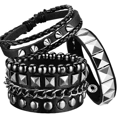 Ulekuke 4 Pcs Punk Rock Leather Studded Bracelets for Men Women 80s Gothic Spike Cuff Bracelet Set Emo Accessories for Rocker Outfits - Image 1