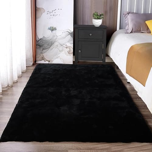 Latepis Faux Rabbit Fur 3x5 Area Rug Fluffy Black Rugs Machine Washable Shag Rug for Living Room Furry Throw Bedside Rugs Room Carpet for Nursery Floor - Image 1