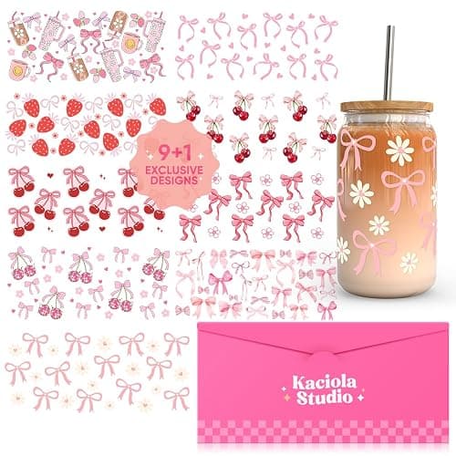 Kaciola 10 Sheets UV DTF Cup Wraps for 16 oz-Bow Theme UV DTF Stickers, 1 Sheet Mysterious Pattern Transfer, Rub on Transfers Stickers for 16 oz Libbey Glasses Crafting - Image 1