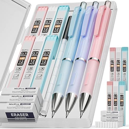 Nicpro 3PCS Cute Mechanical Pencil Set with Case, 0.7 mm Pencils with 6 Tube HB Lead Refill, 3PCS Eraser, 9PCS Eraser Refill for School Supplies Kid Student Writing, Drafting Drawing Sketching - Image 1