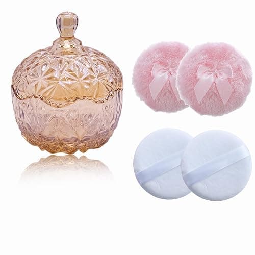 Qopoto 5 Pieces Large Body Powder Puff and Powder Container, Crystal Case for Dust Puff, Powder applicator with Box for Face and Body (Amber, Crown) - Image 1