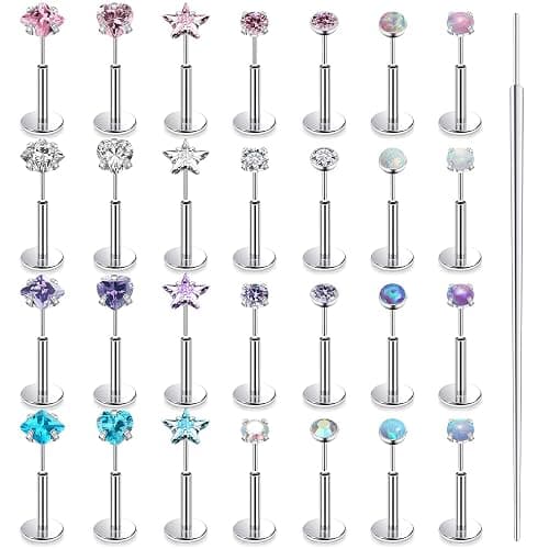 Lsnevsie 20G 18G 16G Threadless Nose Rings Studs Flat Back Earrings Surgical Stainless Steel Opal Nose Rings Stud Tragus Helix Conch Cartilage Earrings Piercing Jewelry For Women Men Hypoallergenic - Image 1