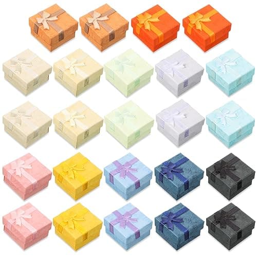 Sureio 24 Pack Jewelry Gift Boxes Jewelry Box Gift Cases Cotton Filled Cardboard Paper Box Bracelets Bangle Necklace Gift Case with Ribbon Bow for Birthday Wedding 12 Colors, 1.6 x 1.6 Inches - Image 1